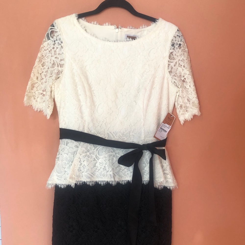 NUE by Shani black and white belted lace dress